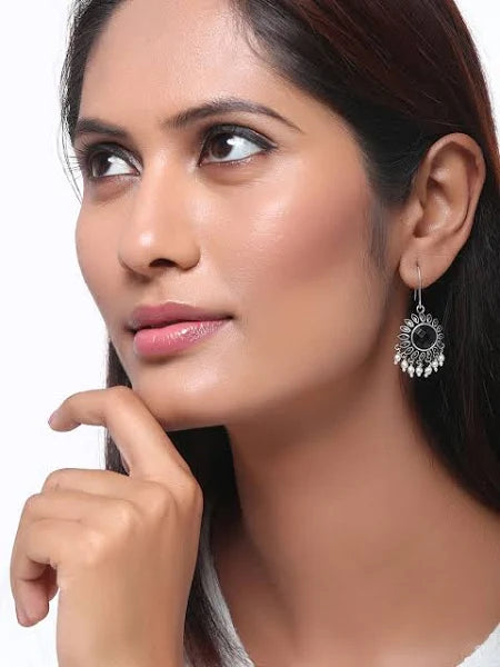 Black Oxidized Floral Dangler Earrings with Pearl Beads