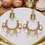 Boho Chic Seashell Dangle Hoop Earrings with Green Stone Stud