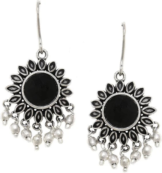 Black Oxidized Floral Dangler Earrings with Pearl Beads