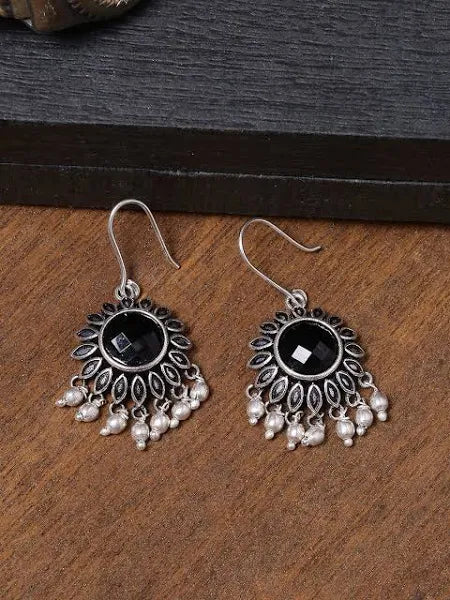 Black Oxidized Floral Dangler Earrings with Pearl Beads