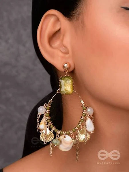 Boho Chic Seashell Dangle Hoop Earrings with Green Stone Stud